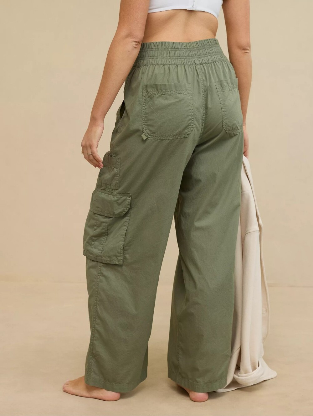Aerie Easiest Cargo Pants High Waisted Wide Leg Olive Green 100% Cotton Size L - Picture 2 of 11